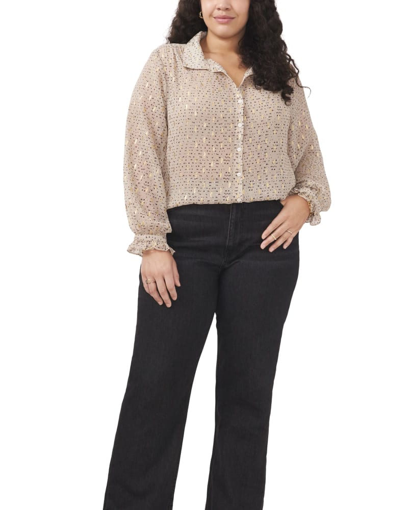 Front of a model wearing a size 1X Sheila Tie Front Blouse in FRENCH OAK by Vince Camuto. | dia_product_style_image_id:261643